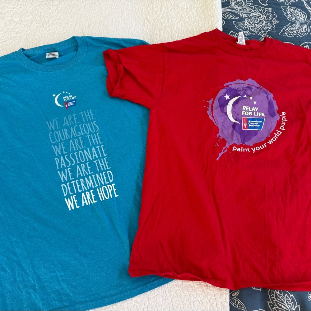 2 Relay for Life T-Shirts - Blue and Red Adult Medium